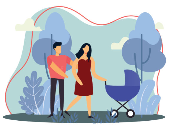 Mom and Dad Push the Baby Stroller Graphics